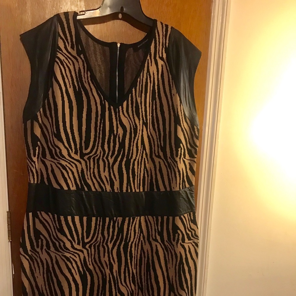 Zebra print sweater dress with leather accents